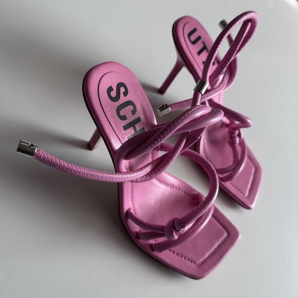 Schutz Lyra Sandal High Heel Club Rose Pink Leather Ankle Strap Square Toe - Picture 3 of 8